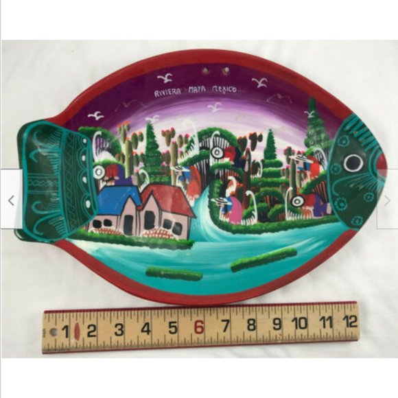 Mexican Fish Shape Hand Painted Decorative 14" Platter Plate Riviera Maya Mexico - Picture 5 of 5
